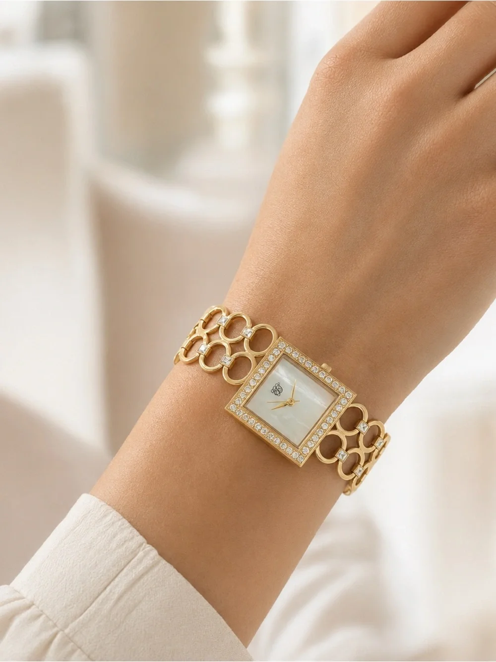 Elizabeth Taylor Gold-Tone Crystal Bracelet Quartz Watch MOP Dial